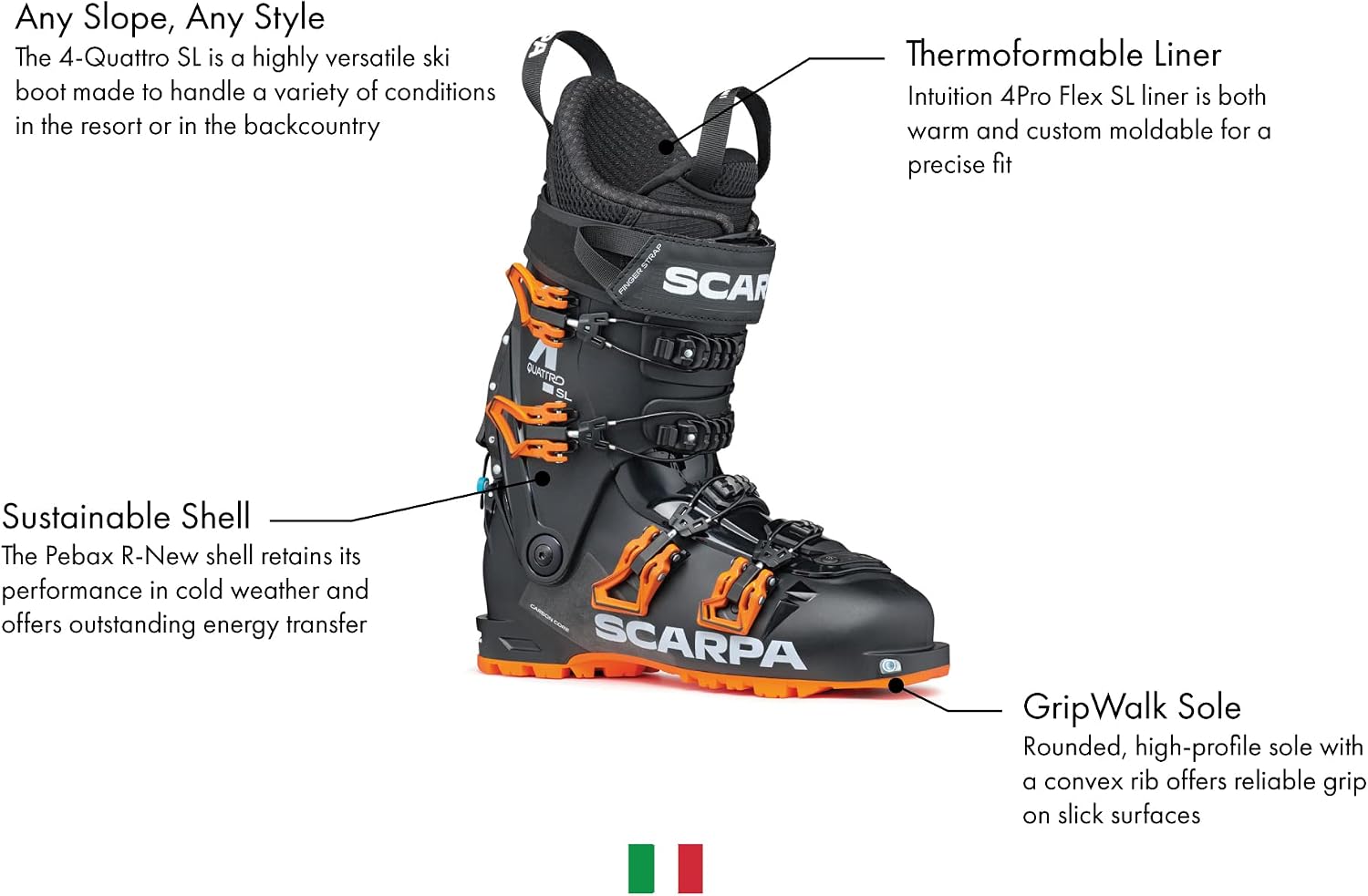 SCARPA Men's 4-Quattro SL 120 Flex Freeride Alpine Touring Ski Boots with GripWalk for Backcountry & Downhill Skiing 29.5 Black/Orange